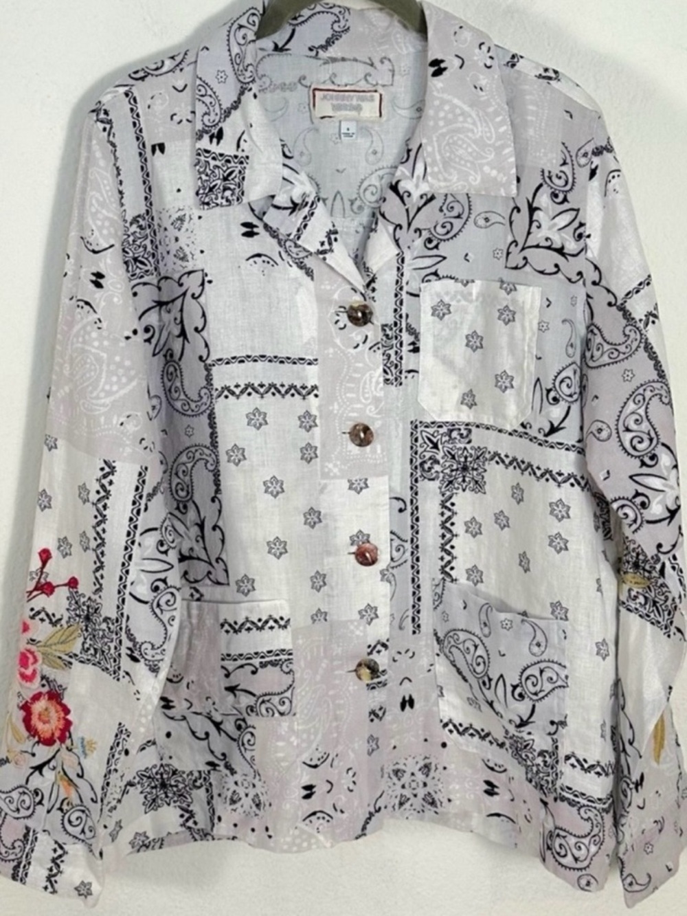 Johnny Was Linen Ashton Bandana Worker Jacket Small Embroidered Blazer Summer